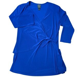 Clara Sunwoo Womens Blue Faux Wrap Tie 3/4 Sleeve V Neck Tunic Top Career Size S